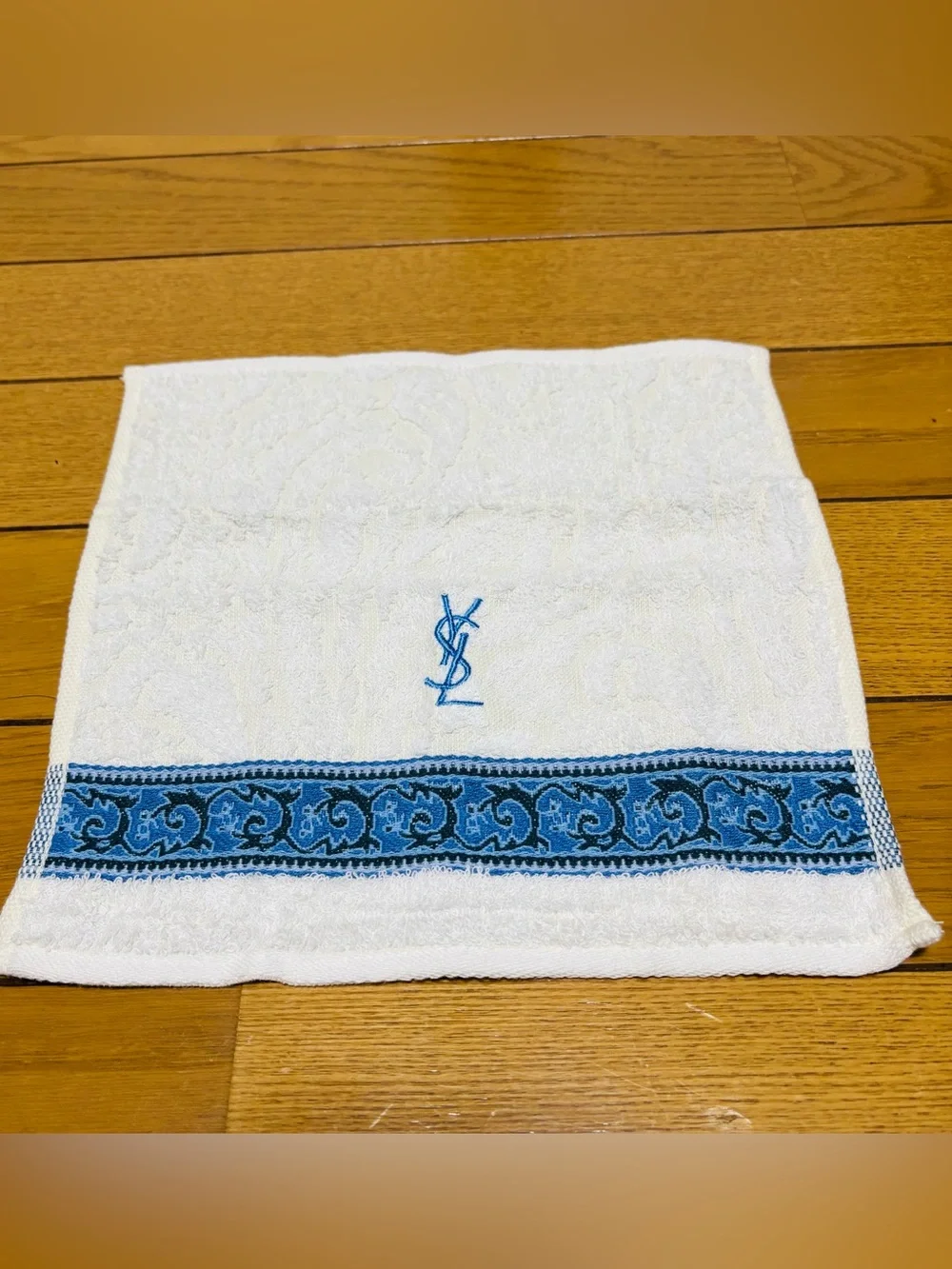Yves Saint Laurent White Towel with Blue Embroidered YSL size 23cm 9”